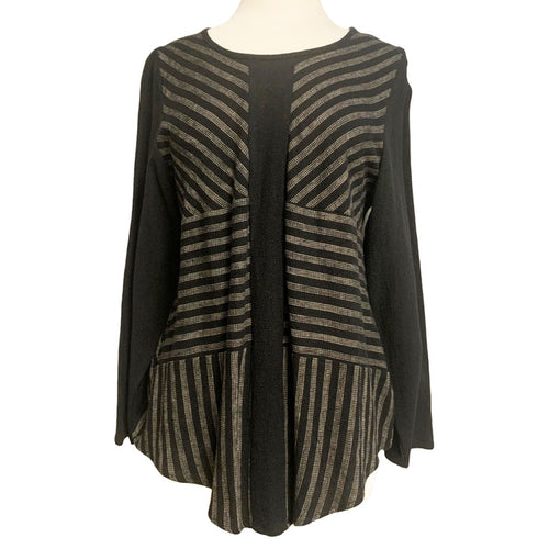 A long sleeve black and grey striped fitted top displayed on a mannequin.