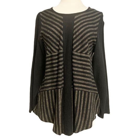 A long sleeve black and grey striped fitted top displayed on a mannequin.