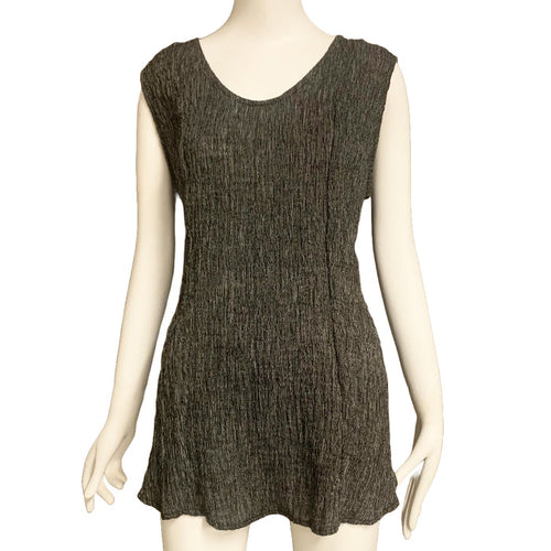 Sleeveless black and white pinstripe tank top displayed on a mannequin.