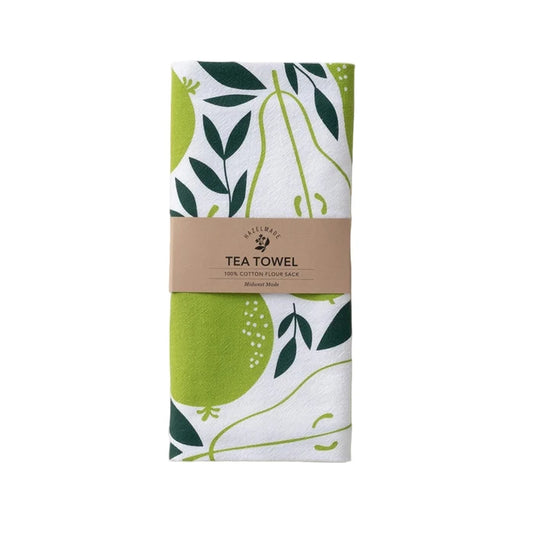 Tea towel with green pear and leaf pattern on a white background
