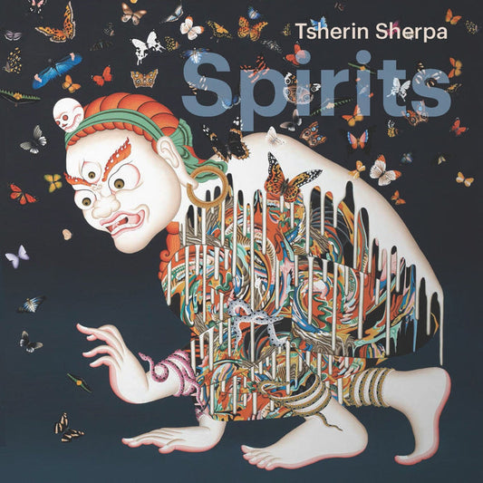 Cover of the book 'Tsherin Sherpa: Spirits' featuring a painting with a figure amidst butterflies, incorporating elements of Tibetan art.