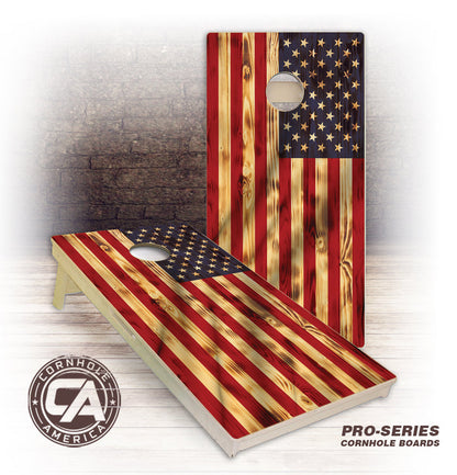 USA Rustic Burnt Flag Cornhole Boards
