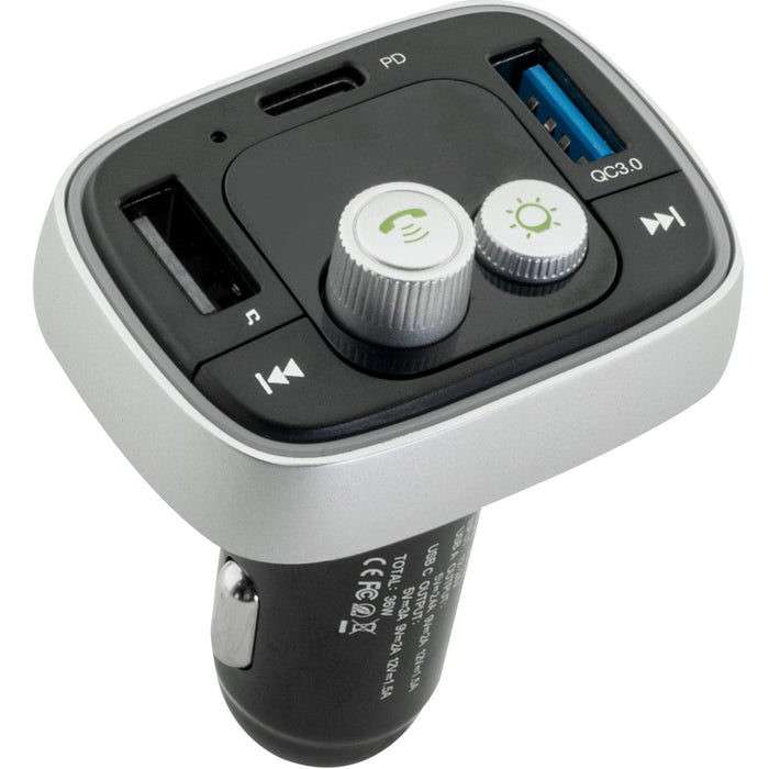 A Bluetooth 5.0 FM Transmitter with a digital LED screen, dual charging ports, and control buttons, designed to fit into a car's cigarette lighter socket.