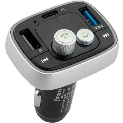 A Bluetooth 5.0 FM Transmitter with a digital LED screen, dual charging ports, and control buttons, designed to fit into a car's cigarette lighter socket.