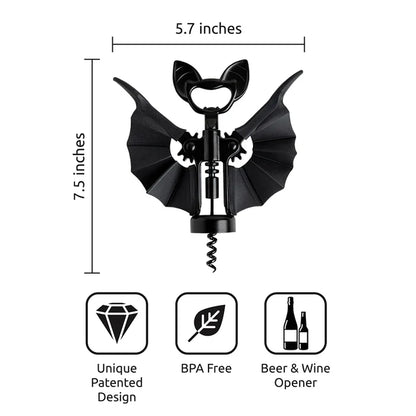 Black bat-shaped corkscrew with measurements and product features on a white background