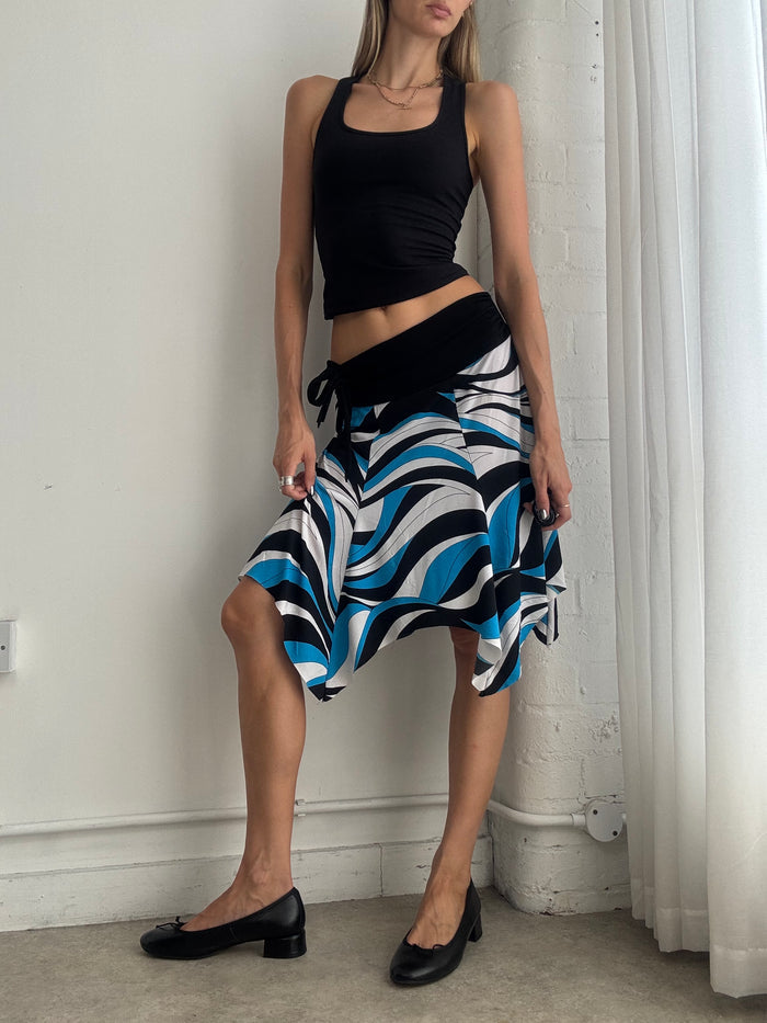 Vintage Y2K Abstract Print Handkerchief Midi Skirt – Blue Black Asymmetric Skirt - Size S