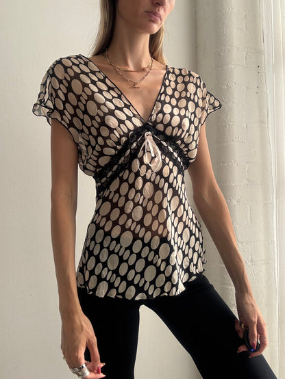 Vintage Y2K Black & Cream Polka Dot Mesh Top - Size S