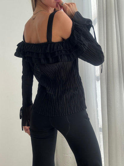 Vintage Y2K Black Off Shoulder Ruffle Long Sleeve Top - Size M/L