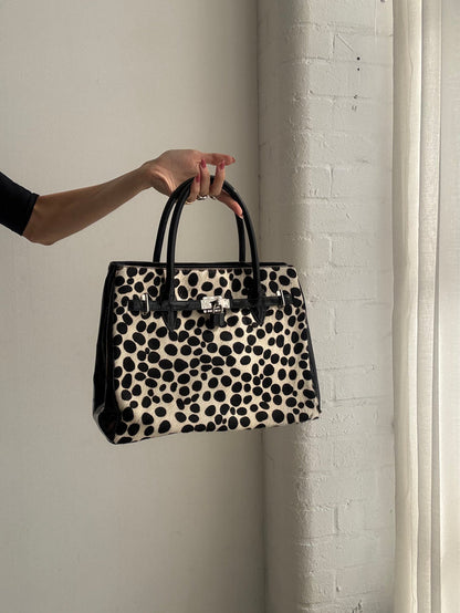 Vintage Y2K Black & White Leopard Print Ponyskin Structured Handbag