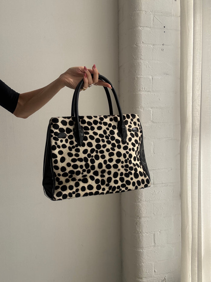 Vintage Y2K Black & White Leopard Print Ponyskin Structured Handbag