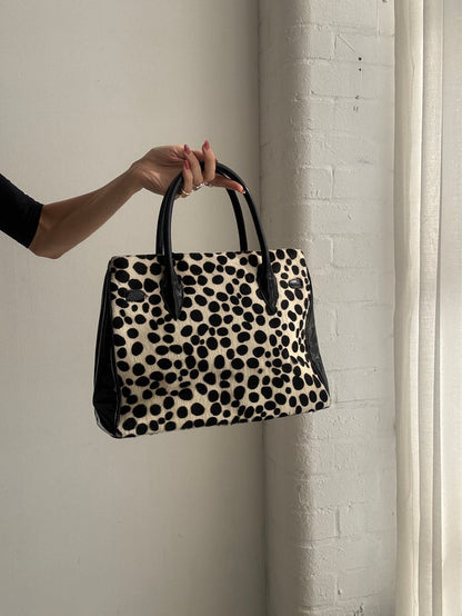 Vintage Y2K Black & White Leopard Print Ponyskin Structured Handbag