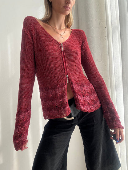 Vintage Y2K Burgundy Dual Zip Flared Cardigan Top Jumper - Size M