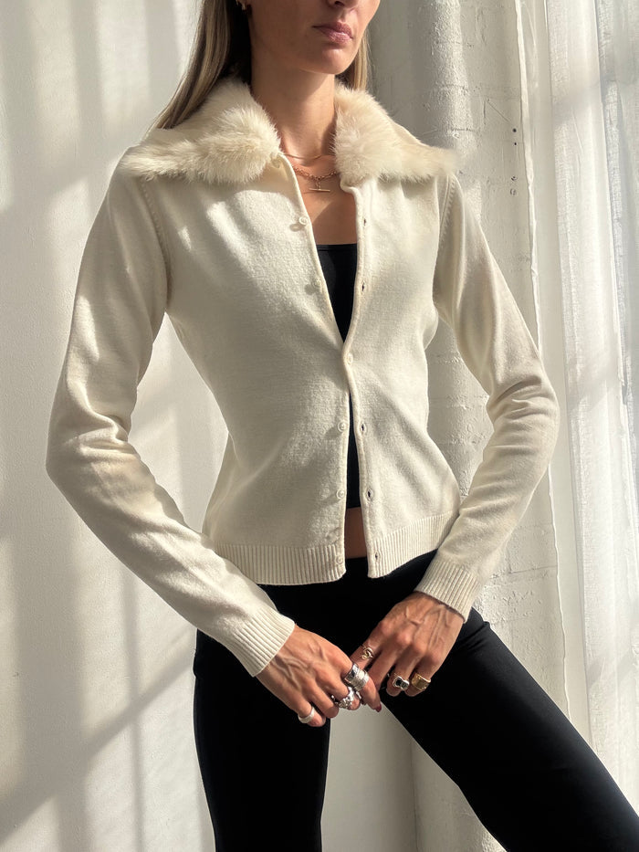Vintage Y2K Cream Rabbit Fur Collar Knit Cardigan - Size S