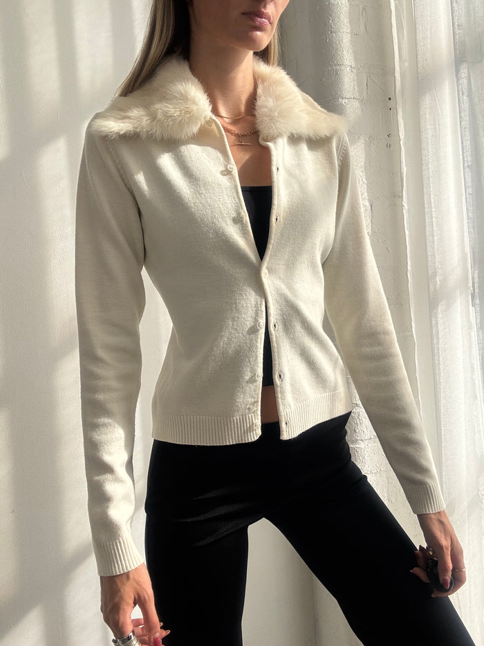 Vintage Y2K Cream Rabbit Fur Collar Knit Cardigan - Size S