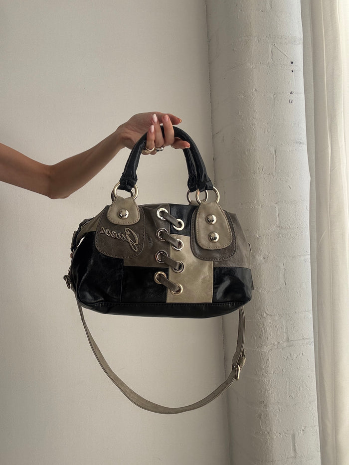 Vintage Y2K Guess Leather Shoulder Bag – Black & Cream Lace-Up Satchel with Crossbody Strap
