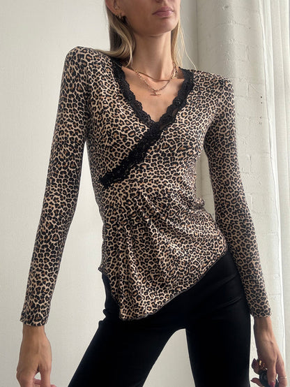 Vintage Y2K Leopard Print Lace Trim Wrap Top - Size S