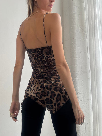 Vintage Y2K Leopard Print Mesh Asymmetric Cami Top - Size L