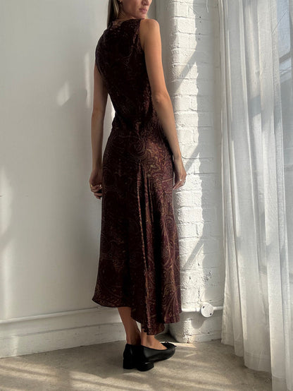 Vintage Y2K Ralph Lauren Burgundy Paisley Bias Cut Silk Maxi Dress - Size M