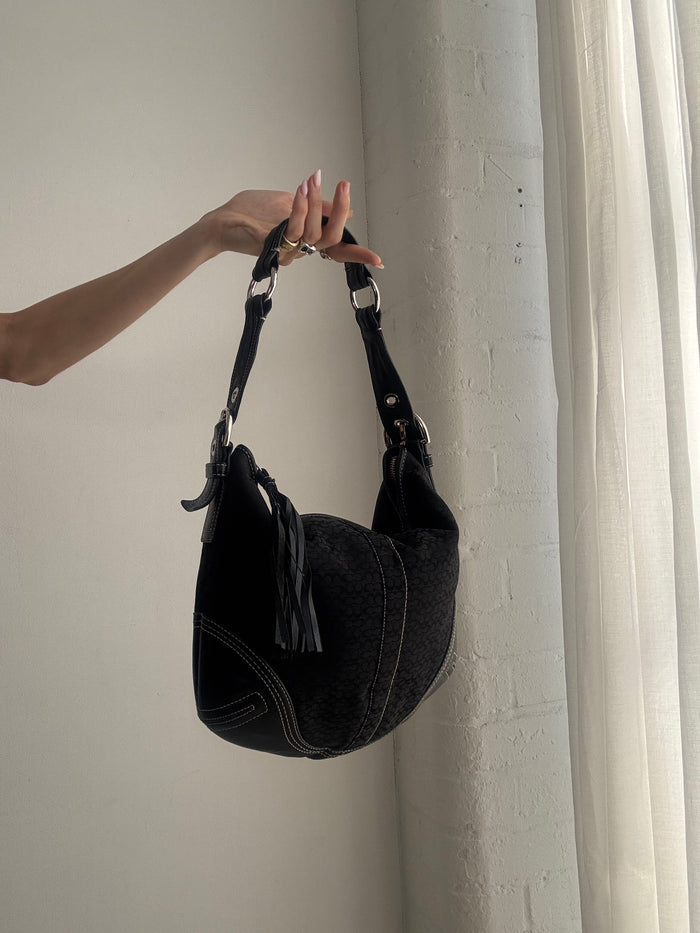 Vintage Y2K Coach Signature Hobo Bag – Black Monogram Canvas Tassel Shoulder Bag