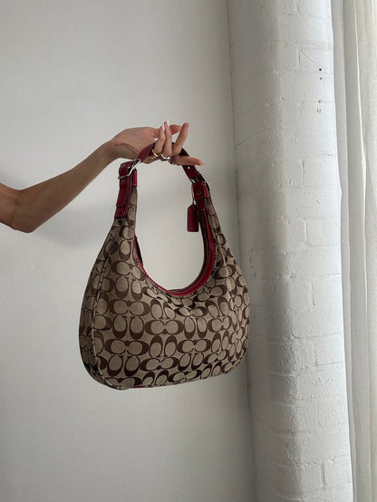 Vintage Y2K Coach Signature Soho Hobo Bag – Brown Monogram Canvas & Red Leather Trim