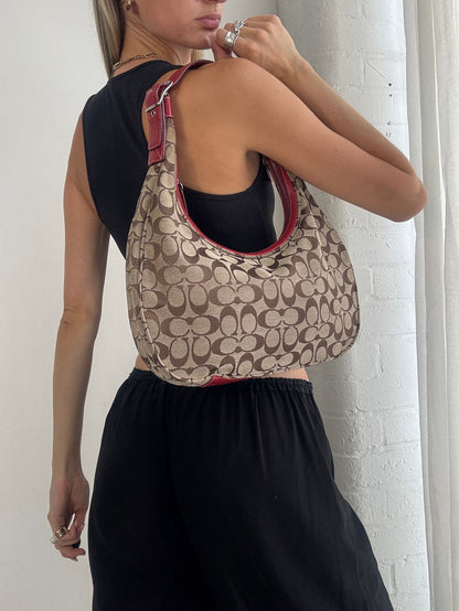 Vintage Y2K Coach Signature Soho Hobo Bag – Brown Monogram Canvas & Red Leather Trim