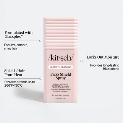 KITSCH Humidity Blocking Frizz Shield Spray — feature infographic on white background — Formulated with GLASSPLEX™: For ultra-smooth, shiny hair | Shields Hair From Heat: Protects strands up to 266°F/130°C | Locks Out Moisture: Provides long-lasting frizz control — Featherweight spray keeps hair looking sleek and polished regardless of rain, sweat, or humidity