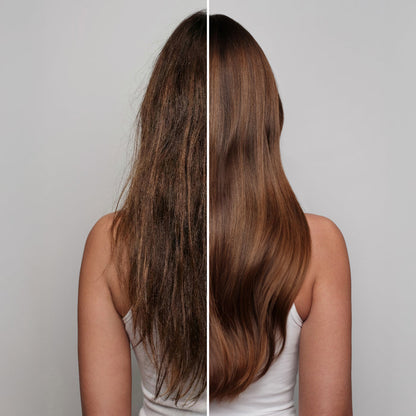 KITSCH Humidity Blocking Frizz Shield Spray — before & after split shot, back view of female model, white tank top — left side frizzy hair vs. right side sleek smooth results — Humidity-Blocking | Frizz Shield Spray — Formulated with GLASSPLEX™ — Locks out moisture and prevents frizz, adds intense shine & smooth glass-like finish