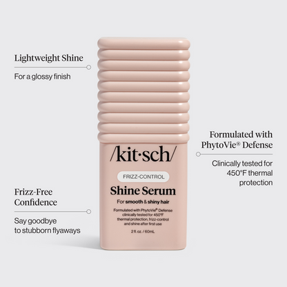 KITSCH Glass Hair Shine Serum — product infographic — Formulated with Phytovie® Defense for thermal protection, frizz-control, and shine after first use — protects hair from heat styling up to 450°F