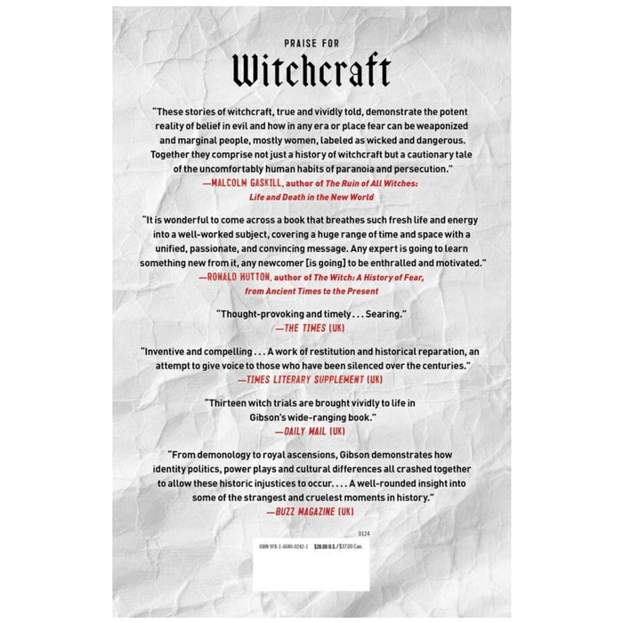 Text on a crinkled paper background with quotes praising 'Witchcraft' book.