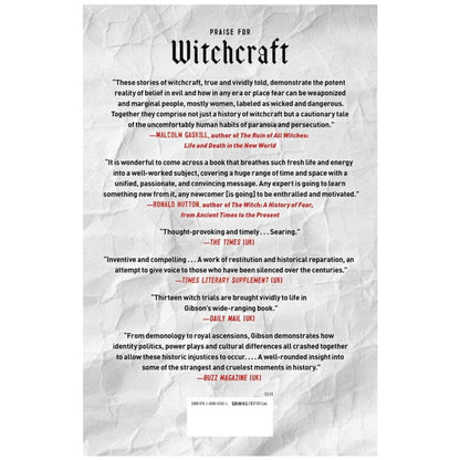 Text on a crinkled paper background with quotes praising 'Witchcraft' book.