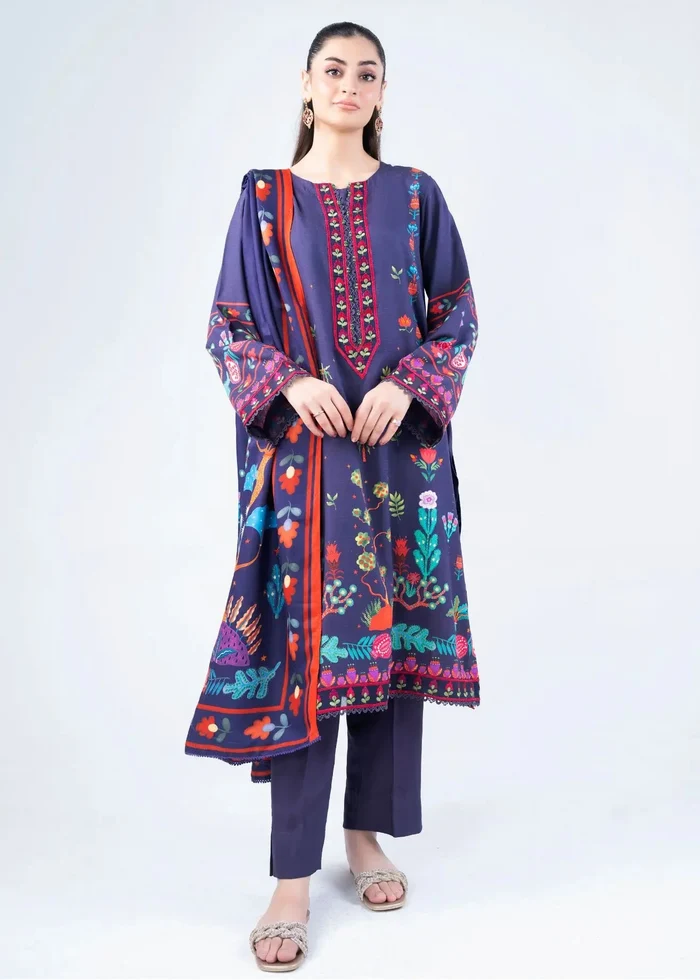 Women's winter 3-piece suit: printed navy long kurta, matching pants, dupatta
