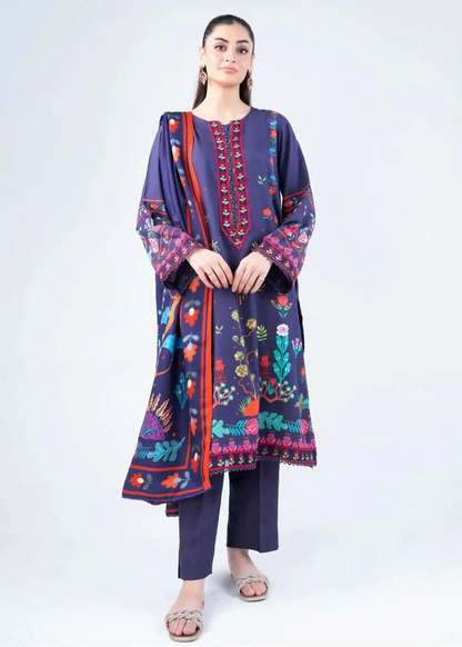 Women's winter 3-piece suit: printed navy long kurta, matching pants, dupatta
