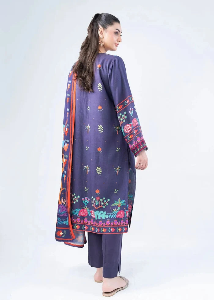 Women's winter 3-piece suit in navy: printed kurta with dupatta draped, wide pants