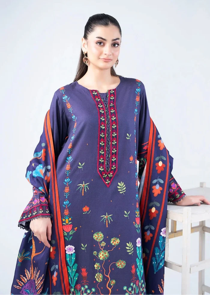 Women's winter 3-piece suit: printed navy kurta with detailed neckline, pants, dupatta