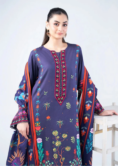 Women's winter 3-piece suit: printed navy kurta with detailed neckline, pants, dupatta
