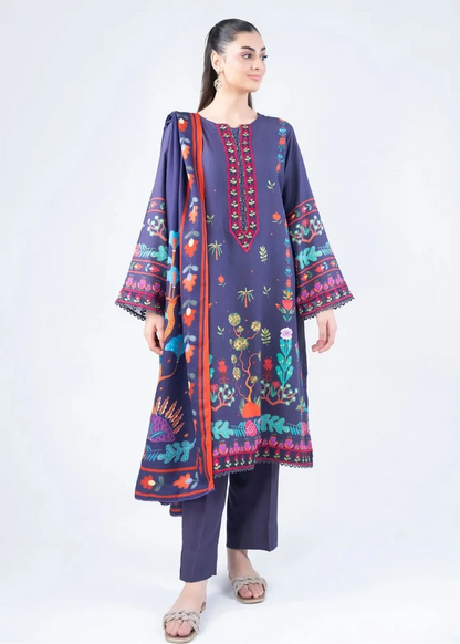 Women's winter 3-piece suit: printed navy kurta with wide sleeves, pants, dupatta