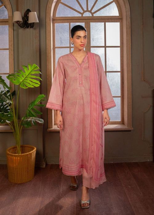Women's pink long kurta with V-neck, embroidered trim, three-quarter sleeves