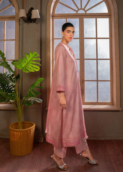 Women's pink long kurta with V-neck and red border hem, three-quarter sleeves