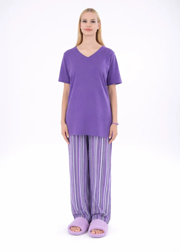 Women's winter night suit: V-neck tunic with striped wide-leg trousers