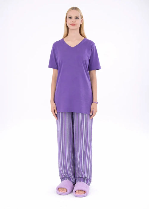 Women's winter night suit: V-neck tunic with striped wide-leg trousers