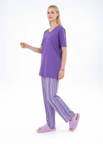 Women's winter night suit, side view: V-neck tunic and striped wide-leg trousers