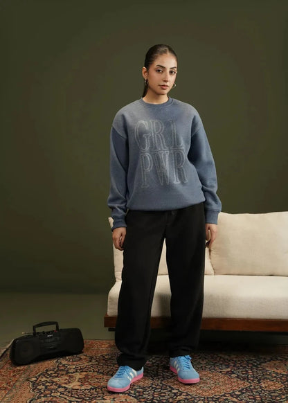 Blue knit crewneck sweatshirt with rhinestone-style 'GRL' logo, long sleeves