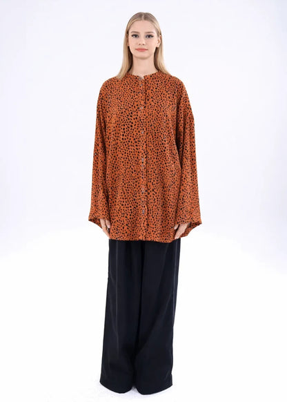 Rust printed long-sleeve winter western top with high neckline and button placket