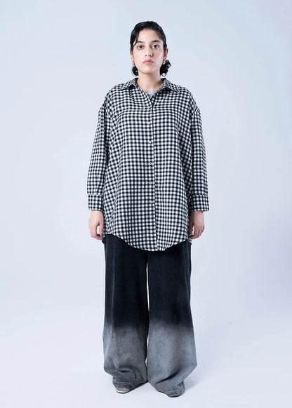 Women’s winter woven top, black-and-white check button-up with 3/4 sleeves