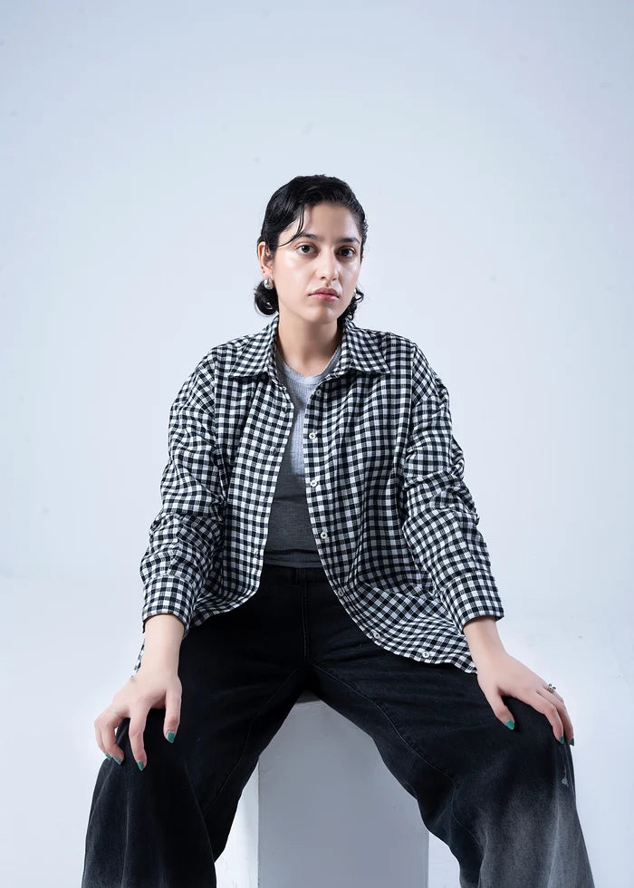 Women’s winter woven top in black-and-white check, front button-up and collar