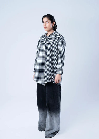 Women’s winter woven top, black-and-white check button-up with 3/4 sleeves