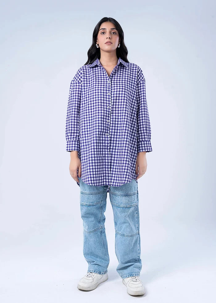 Women’s winter woven check top in purple-and-white, front button-up, long sleeves