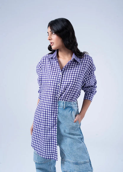 Women’s winter woven check top in purple-and-white, long-sleeve button-up, side view