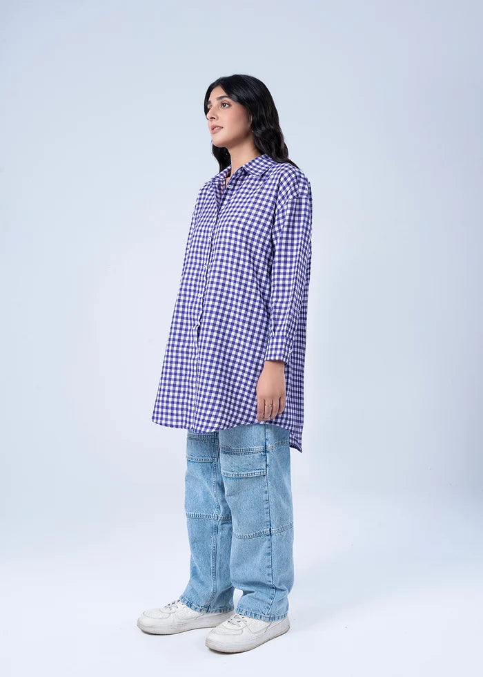 Women’s woven check top, purple-and-white long-sleeve button-up with tunic length