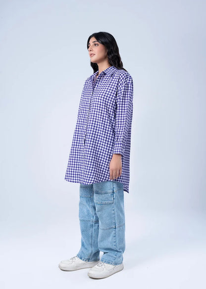 Women’s woven check top, purple-and-white long-sleeve button-up with tunic length